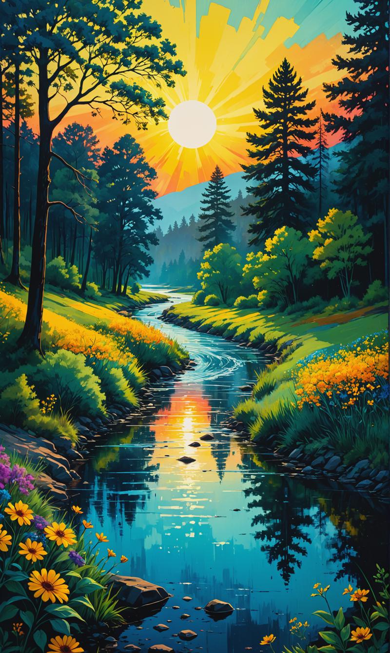 01339-394971060-Printmaking A natural landscape with trees, flowers and a river. The landscape is printed on paper with loose brush strokes and.png